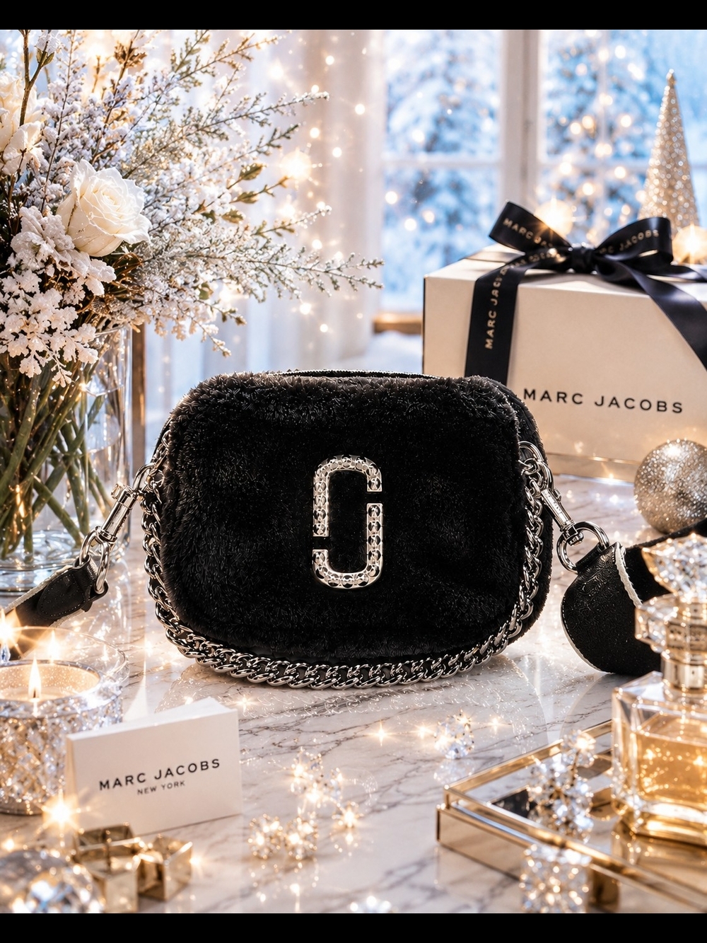 Marc Jacobs Black Faux Fur Snapshot Bag with Silver Chain